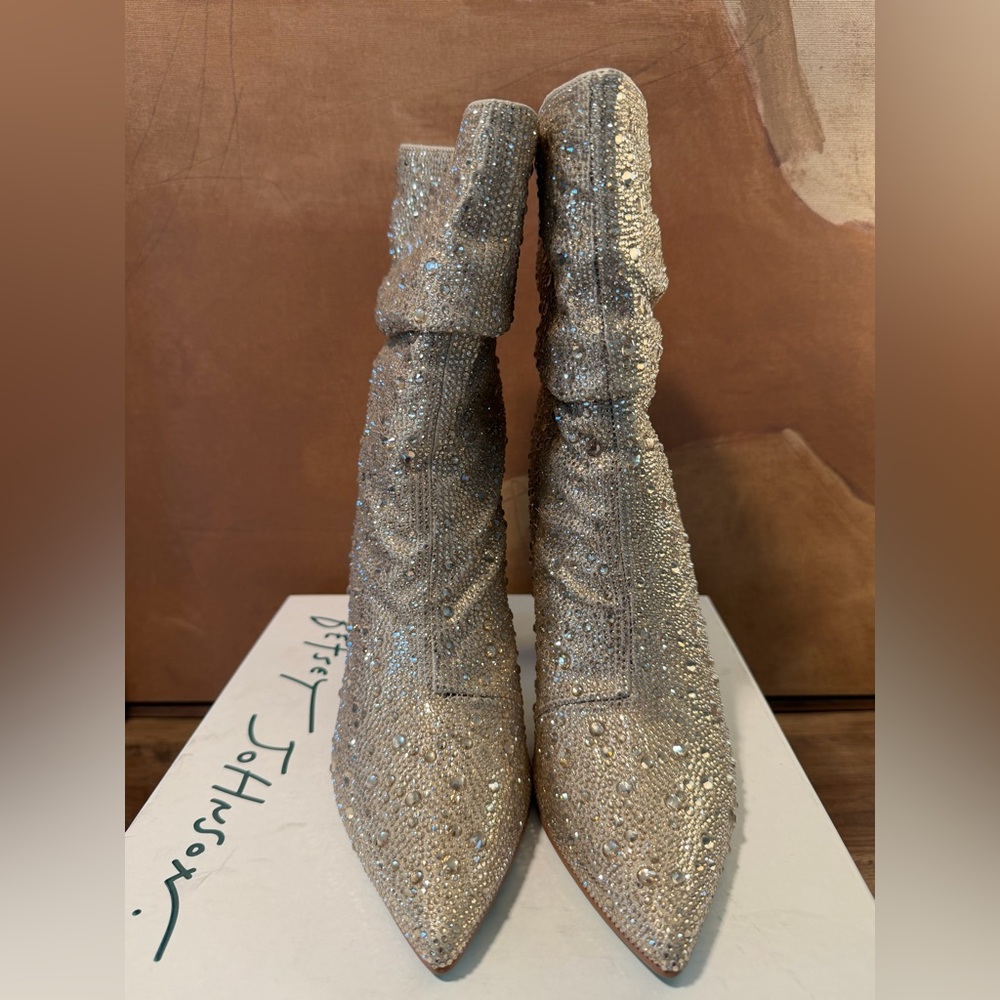 Betsey Johnson Gold Rhinestone Booties Size 8 Glam Statement Boots